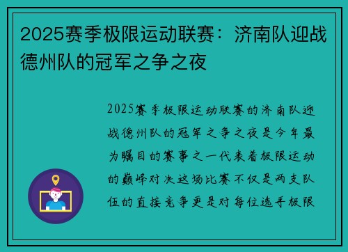 2025赛季极限运动联赛：济南队迎战德州队的冠军之争之夜