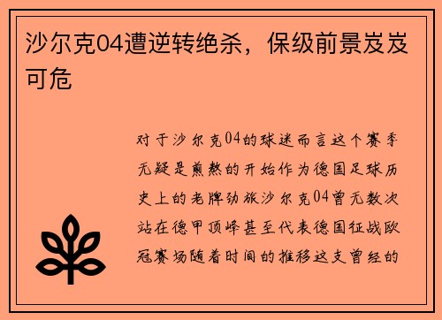 沙尔克04遭逆转绝杀，保级前景岌岌可危